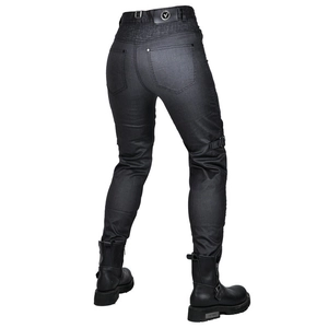 Rear view of black coated motorcycle jeans with ribbed elastic waist and protective padding