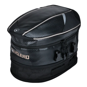 Detail of waterproof motorcycle tail bag featuring carbon fiber texture and reflective strips