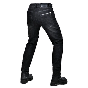 Detail view of motorcycle jeans with ribbed accordion panels and zipper pocket on back