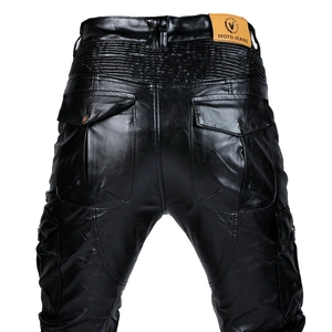 Detail of motorcycle pants featuring elastic accordion panels and rear cargo pockets