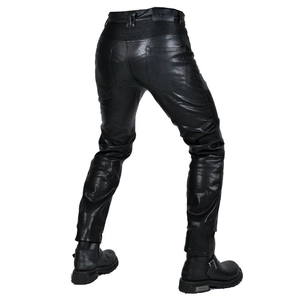 Men's black motorcycle leather pants with protective padding and accordion stretch panels