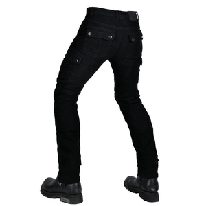 Detail view of black motorcycle riding pants with cargo pockets and stretch knee panels