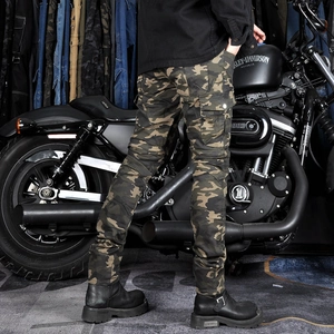 Men's camouflage motorcycle cargo pants with multi-pockets and pleated knee panels