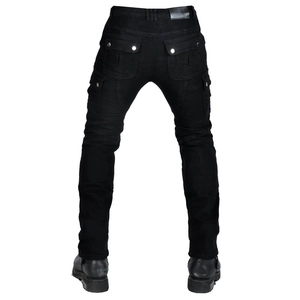 Rear view of black protective motorcycle jeans with cargo pockets and leather waist patch