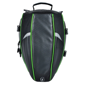 Detail of waterproof motorcycle tail bag with carbon fiber texture and green accents