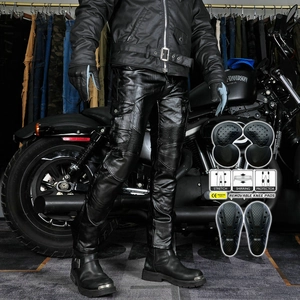 Men PU Leather Motorcycle Riding Pants Waterproof Windproof Cargo Biker Trousers With Removable Protective Knee Pads