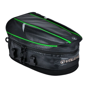 Detail of waterproof motorcycle tail bag featuring carbon fiber texture and neon accents