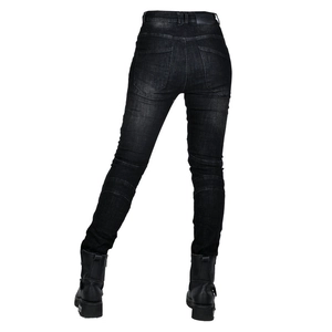 Jean moto vintage pour femme en denim noir avec coutures renforcées et coupe ajustée