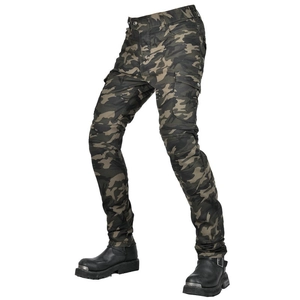 Detail of cargo pockets and reinforced knee panels on camouflage motorcycle riding pants