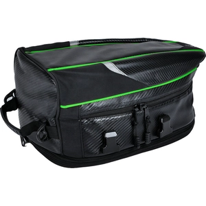 Waterproof motorcycle tail bag with carbon fiber texture and green trim details