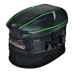 Waterproof motorcycle tail bag with carbon fiber texture and fluorescent green piping detail