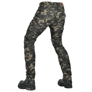 Detailed back view of camo motorcycle pants featuring knee stretch panels and cargo pockets