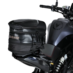 Close-up of carbon fiber texture motorcycle tail bag with waterproof dual zippers