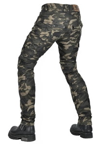 Detail of cargo riding pants showing stretch panels for flexibility and camo pattern