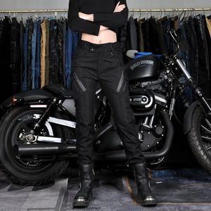 Women's black motorcycle riding pants with slim fit and side zipper pockets