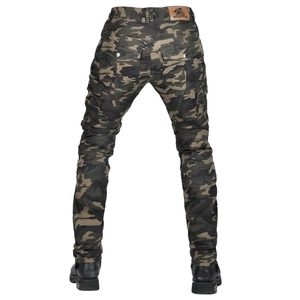 Rear view of camo motorcycle pants featuring stretch panels and cargo pockets for riders