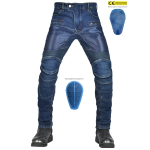 Deep blue motorcycle jeans detail featuring accordion stretch knees and CE-approved armor