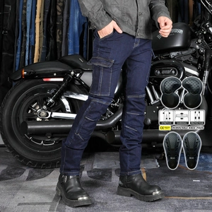 Men's Motorcycle Riding Jeans With Removable Protection Pads Slim Fit Stretch Cotton Blend Denim Retro Blue Cargo Pants