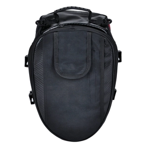 Detail of waterproof motorcycle rear bag featuring carbon fiber texture and reinforced handle