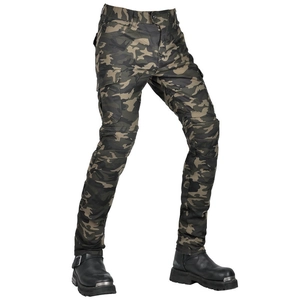 Detail of cargo motorcycle pants with camo pattern, pleated knees, and multiple pockets
