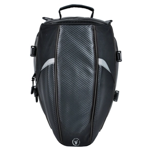 Detail of waterproof motorcycle tail bag with carbon fiber texture and sturdy rubber handle