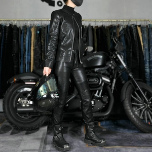 Detail of a women's black leather motorcycle jacket with slim fit and stand-up collar