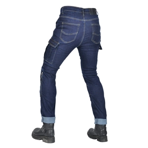 Slim fit dark blue motorcycle riding jeans with cargo pockets and durable denim fabric
