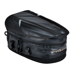 Detail of waterproof motorcycle tail bag featuring carbon fiber texture and logo