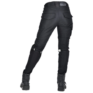 Women's black motorcycle riding pants with high waist and back pocket buckle detail