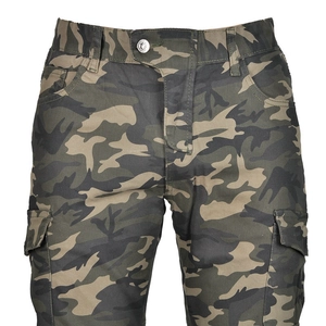 Detailed view of motorcycle cargo pants featuring classic jungle camouflage and large pockets