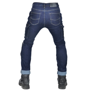 Slim fit dark blue motorcycle jeans with cargo pockets and protective riding design