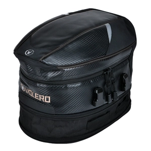 Macro detail of waterproof motorcycle tail bag featuring carbon fiber texture and VOLERO logo