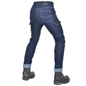 Detail of dark blue slim motorcycle jeans with side cargo pocket and leather back patch