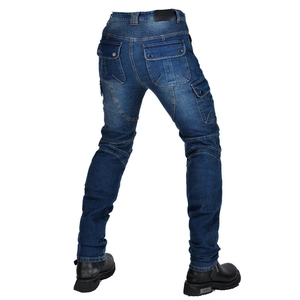 Rear view of slim fit motorcycle jeans with reinforced stitching and cargo pockets