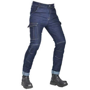 Detail of dark blue motorcycle jeans with cargo pockets and reinforced knee stitching
