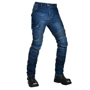 Detail view of motorcycle jeans with protective knee pleats and side cargo pockets