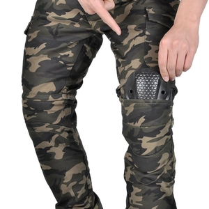 Detail of camouflage tactical motorcycle pants showing the knee protection system