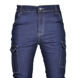 Detail of dark blue motorcycle jeans with cargo pockets and contrast stitching