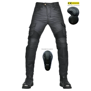 Detail of cargo riding pants with expansion pleats, side pockets, and CE protectors
