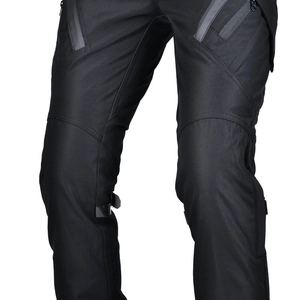 Detail of black motorcycle riding pants with waterproof zipper and adjustable strap buckles
