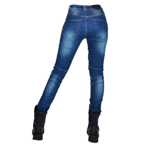 Détail du jean de moto bleu avec panneaux extensibles en accordéon à la taille et aux genoux