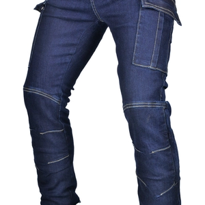 Detail of dark blue cargo motorcycle jeans with reinforced seams and side flap pockets