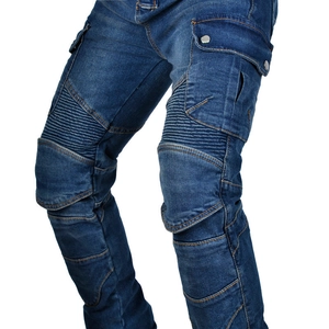 Detail view of motorcycle jeans featuring accordion stretch panels and cargo pockets