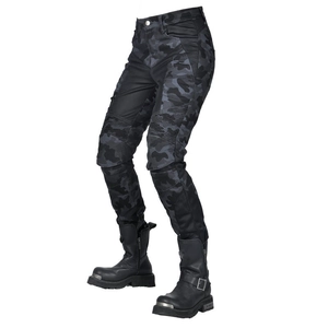 Detail of camo motorcycle pants with accordion stretch panels on the knee and cargo design