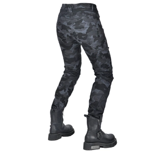 Detail view of camouflage motorcycle pants featuring elastic accordion panels at the knees