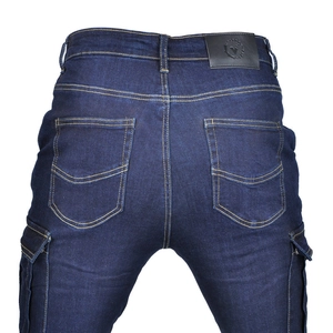 Detailed back view of slim-fit denim motorcycle pants with leather patch and cargo pockets