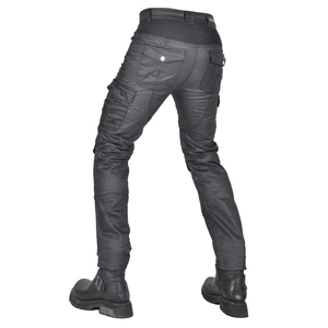 Rear view of men's charcoal motorcycle cargo pants with protective padded stretch panels
