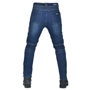 Rear view of blue motorcycle jeans with stretch panels and protective riding gear details