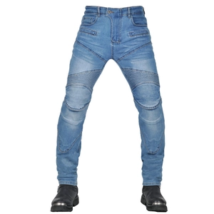 Men's retro light blue slim fit motorcycle jeans with protective knee accordion panels