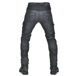 Dark grey motorcycle cargo pants with elastic accordion panels and multi-pocket design